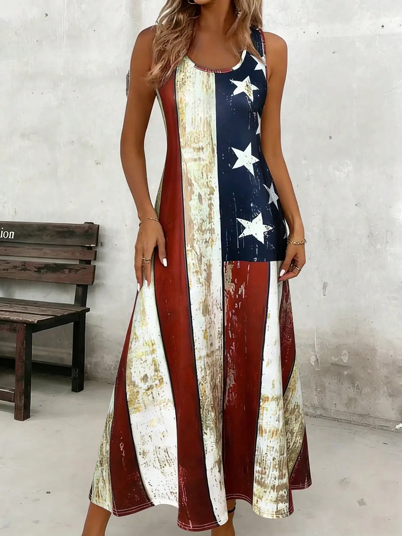 Women's Casual Long Tank Dress With American Flag Print- Round Neck Summer Sundress, Casual Vacation Outfit