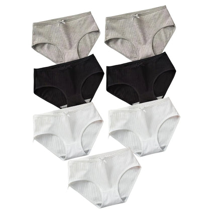 7Pcs/Set Women Cotton Ribbed Panties Mid-Rise Briefs with Bow Detail Comfort Breathable Underwear Sexy Lingerie Intimates M-XL