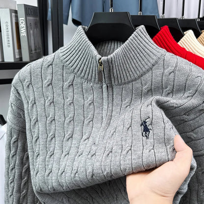 Heshi Brand Fashion American 2025 Vintage Stand Collar Zipper Embroidery Sweater Fried Dough Twists 3D Autumn Winter Knitwear