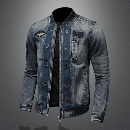 Men's High-Quality Personalized Baseball Collar Jeans Fashion Handsome Trendy Zipper Jacket