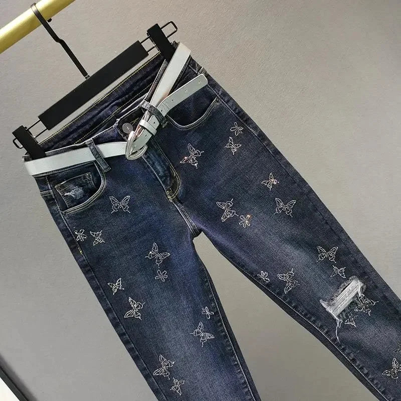 Spring Summer 2025 New Fashion Denim Pants Female Korean Version Elastic Rhinestones High Waist Jeans Pencil Pants