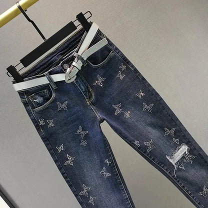 Spring Summer 2025 New Fashion Denim Pants Female Korean Version Elastic Rhinestones High Waist Jeans Pencil Pants