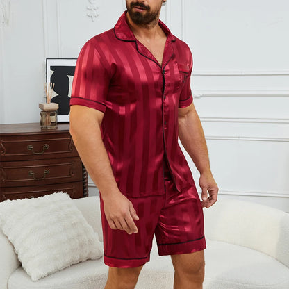 Men's Satin Stripe Print Design Short Sleeve Pajama Set Soft Comfortable Sleepwear