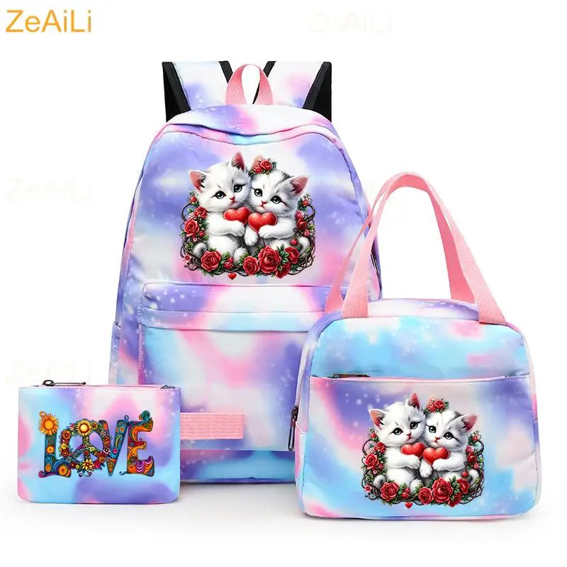 3pcs White Puppy Maltese Dog Colorful Backpack with Lunch Bag for Women Student Teenagers Rucksack Casual School Bags Sets