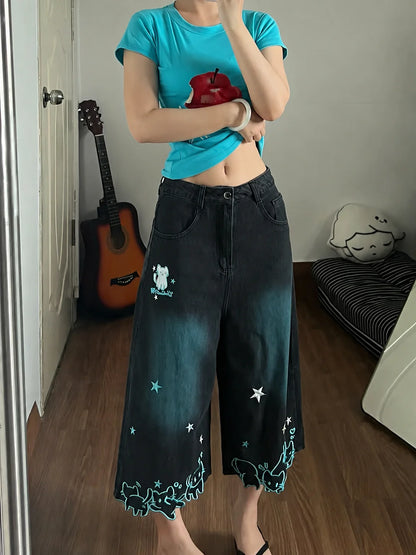 Summer Womens Oversized Jeans Elastic High Waist Cartoon Cat Embroidery Capri Pants Woman Denim Pants Wide Leg Girl Cute Jean