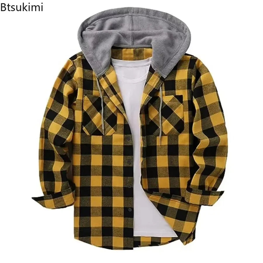 2026 Men's Flannel Shirt Jackets Classic Plaid Loose Casual Hooded Coats Double Pockets Button-up