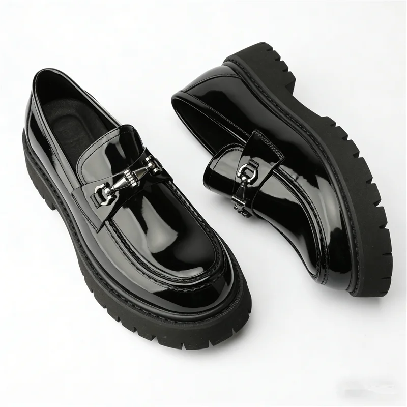 Metal Decoration Large Size Men's Leather Shoes Fashion Chunky Heel Platform All Match Loafers Outdoor Runway Single Shoes Hot