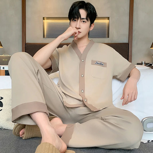 Men's Japanese Kimono Casual Fashion Solid Color Cardigan Loose Summer Short-Sleeved Pajamas with long pants Home Comfort Wear