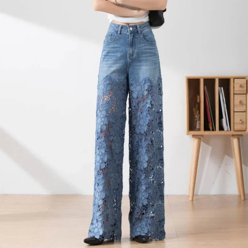New Fashion Vintage Hollow Out Lace Flowers Lady Jeans Loose Straight Denim Pants High Street Elegant Summer Trousers Chic Pant