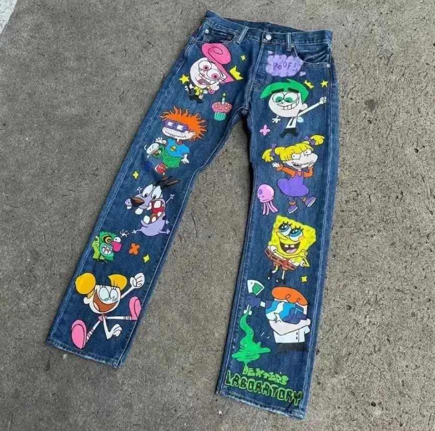 Y2K American cartoon pattern printed high street retro women's high waist fashionable straight loose jeans casual wide-leg jeans