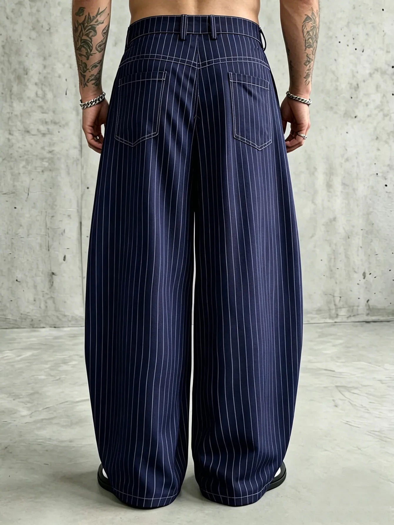 Men Navy Pinstripe Wide Barrel Baggy Pants Stretch Wrinkle Free Oversized Loose Banana Trousers Business Street Chinos