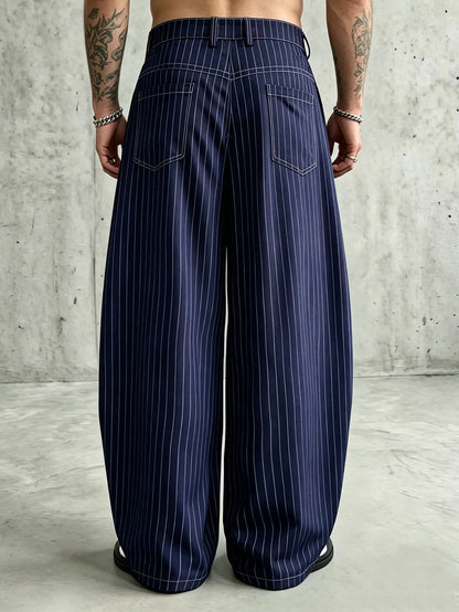 Men Navy Pinstripe Wide Barrel Baggy Pants Stretch Wrinkle Free Oversized Loose Banana Trousers Business Street Chinos