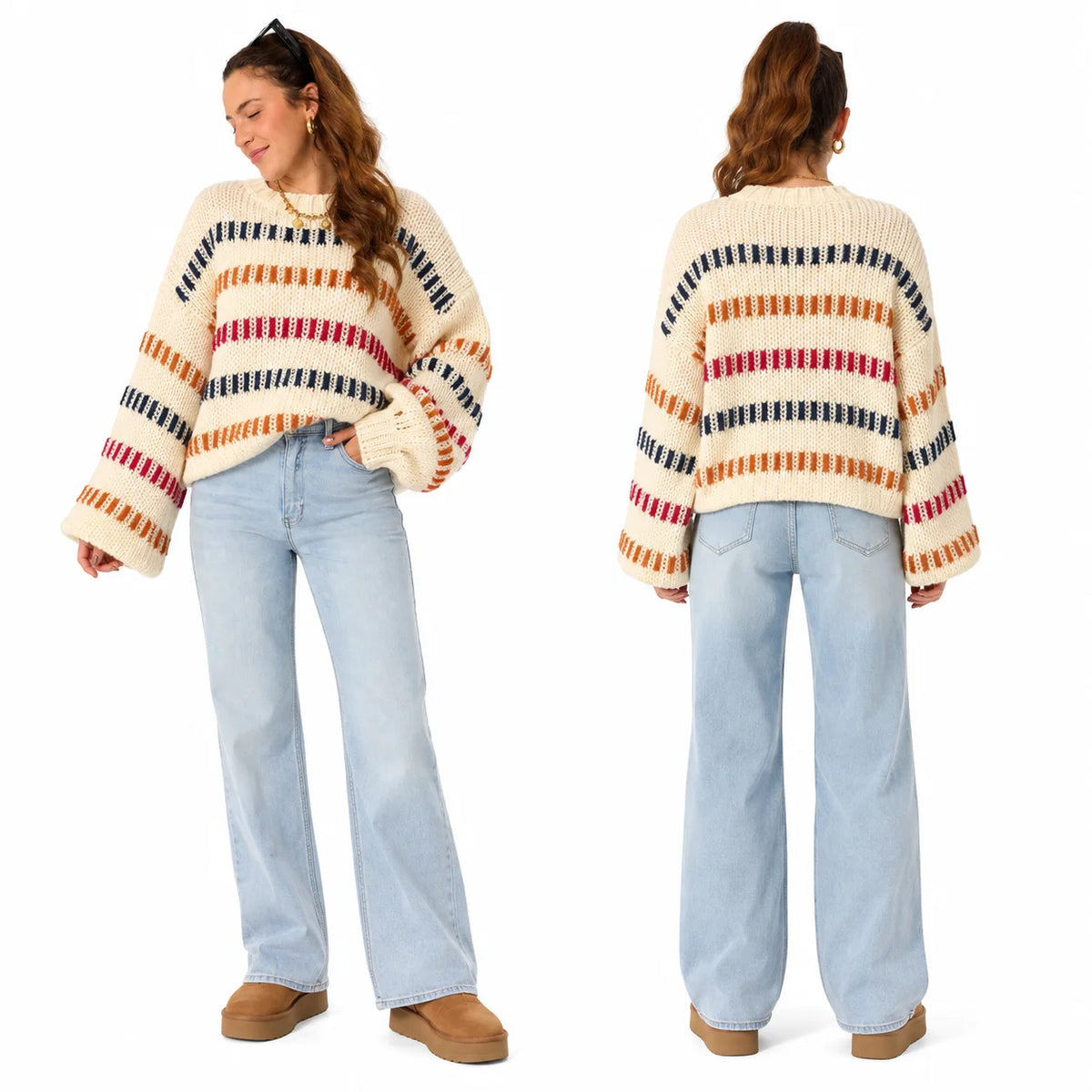 Vibrant Color Block Stripe Chunky Knit Sweater for Women, Oversized Crew Neck Long Balloon Sleeve Loose Pullover Jumper,