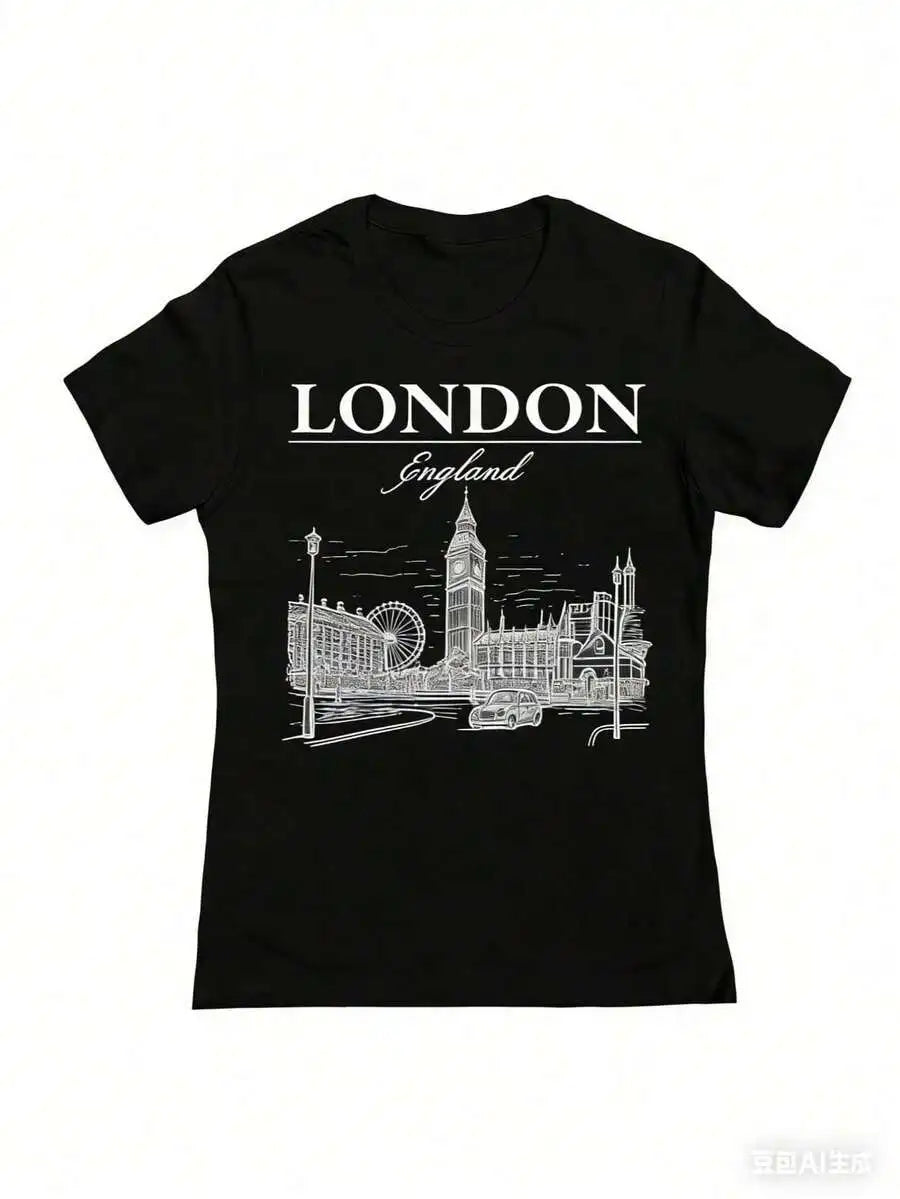 London England Graphic Cotton T-Shirt For Women Retro City Sketch Design