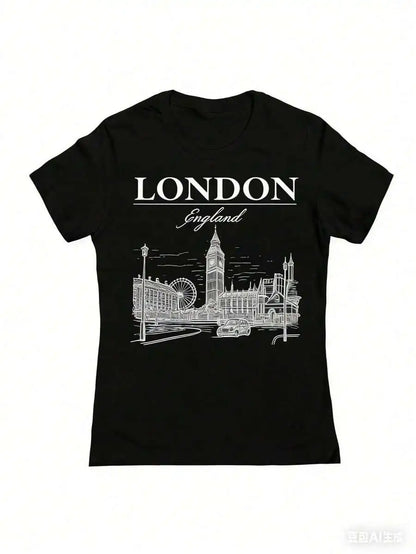 London England Graphic Cotton T-Shirt For Women Retro City Sketch Design
