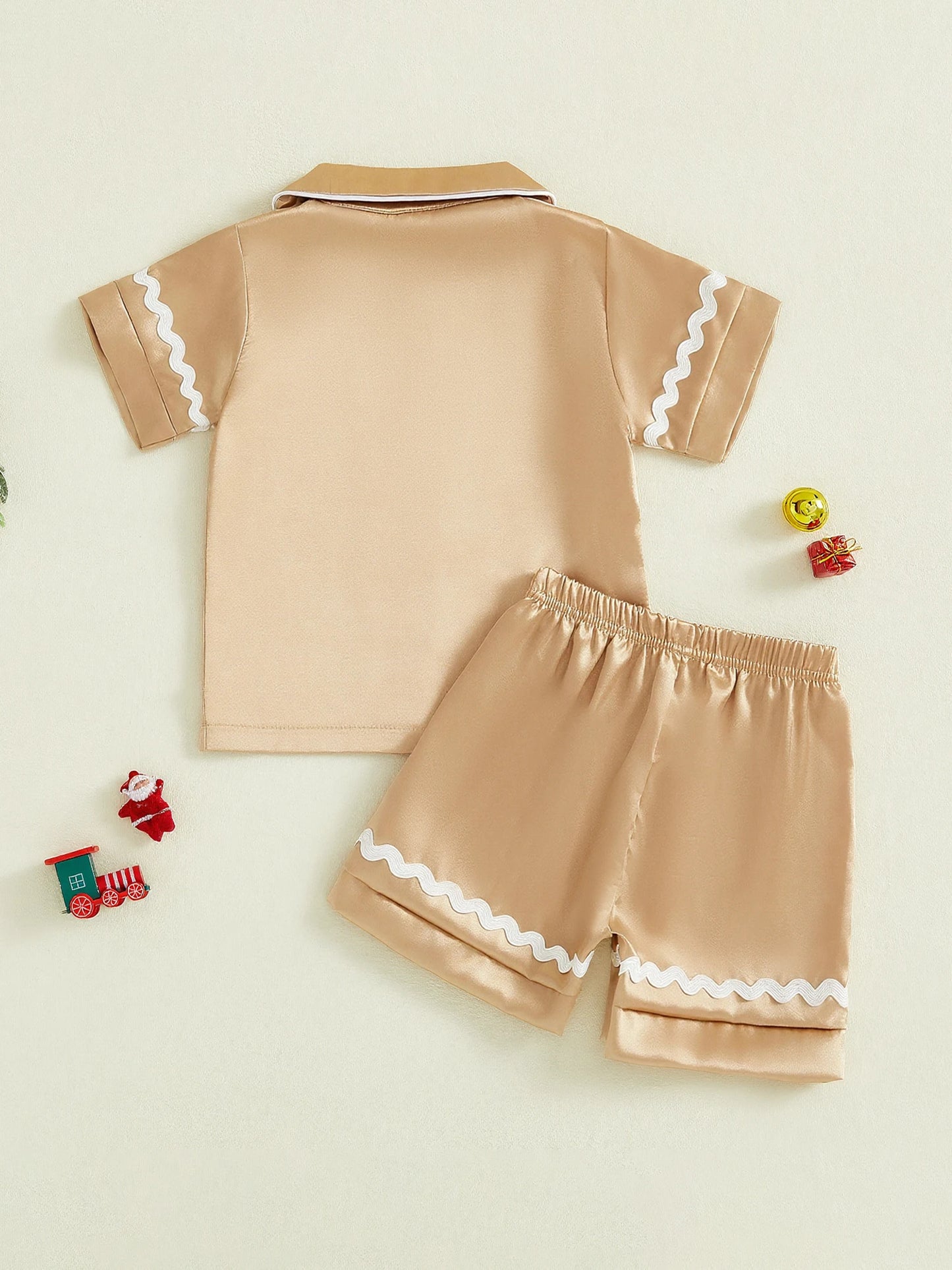 Children s Christmas Satin Pajama Set with Reindeer Print Short Sleeve Lapel Button Down Tops and Shorts 2 Piece Set