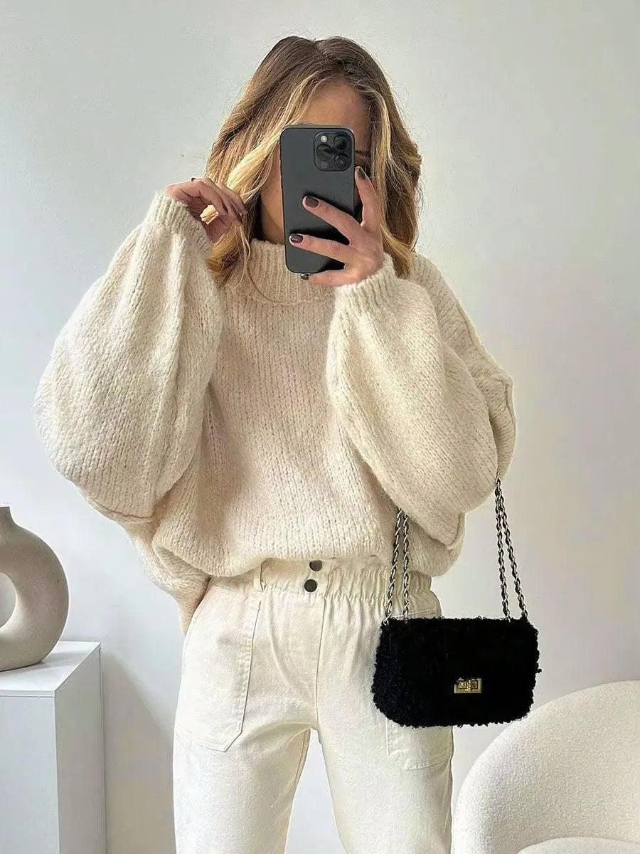 Women's Oversized Pullover Sweaters  Fall Winter Mock Neck Lantern Sleeve Crochet Casual Knitted Jumper Tops Solid Color Loose Blouse