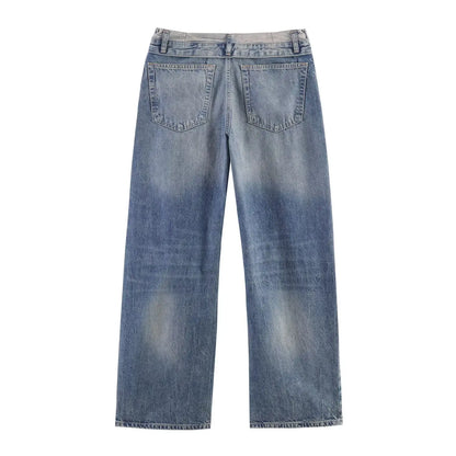Casual Women Long Jeans Summer Female Chic Ripped Holes Denim Fashion Mid Waist Flanging Button Streetwear Pants Trousers