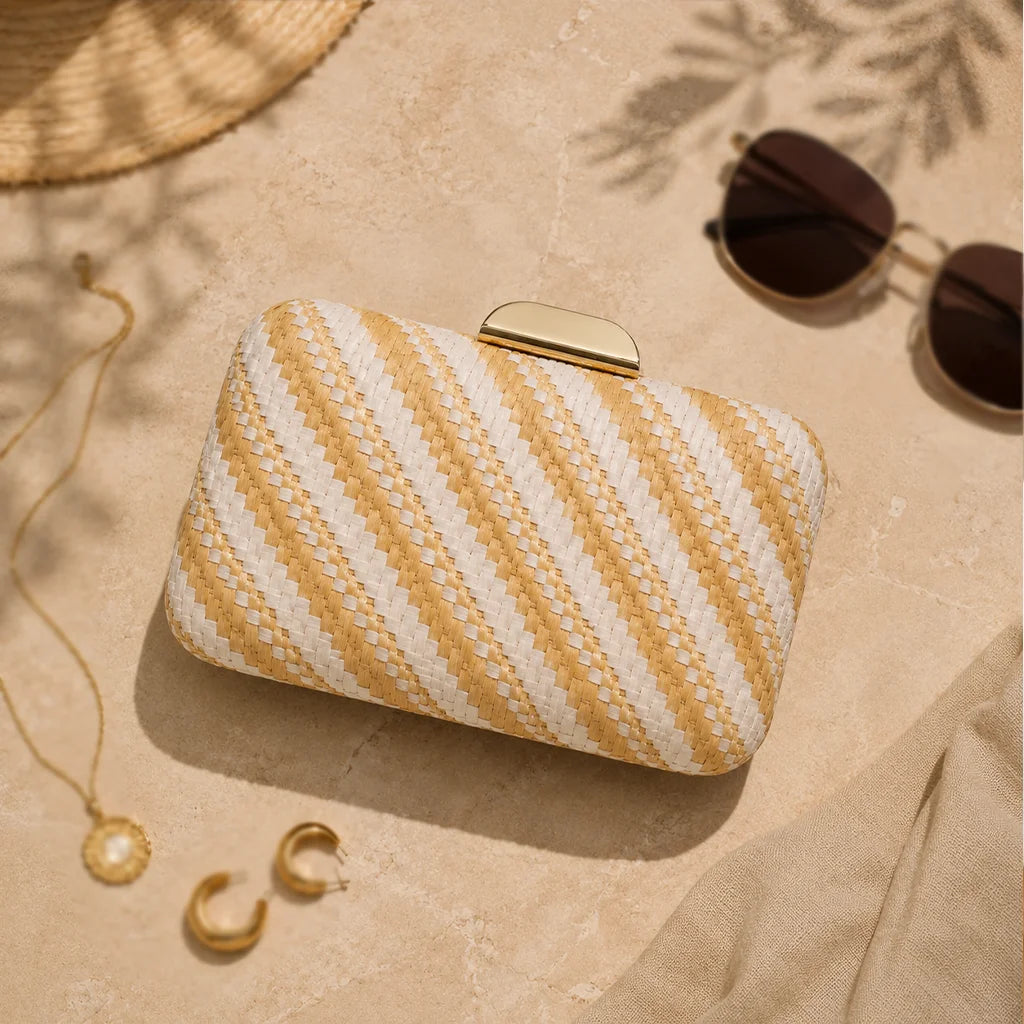 Women Striped Straw Cotton Woven Hard Clutch Bag, Bohemian Box Evening Purse for Wedding Beach Party Banquet
