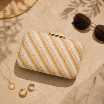 Women Striped Straw Cotton Woven Hard Clutch Bag, Bohemian Box Evening Purse for Wedding Beach Party Banquet
