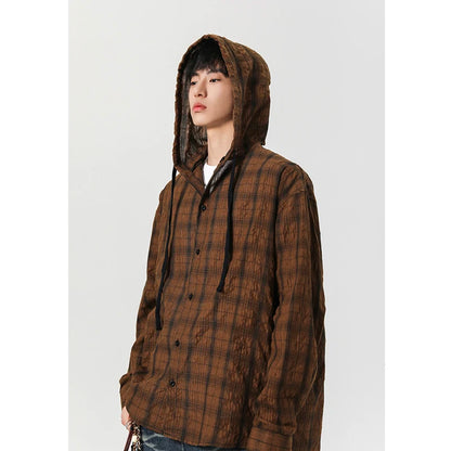 Mens Unisex Oversized Hooded Flannel Style Plaid Shirt Jacket Long Sleeve Button Down Casual Lightweight Jacket for Spring Fall