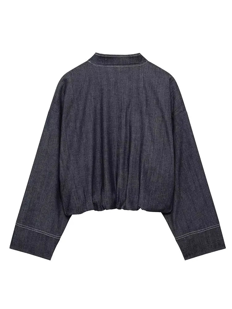HH New Street Fashion Denim Bomber Jacket For Women Solid Color Stand Collar Zipper With Pocket Balloon Style Causal Coats