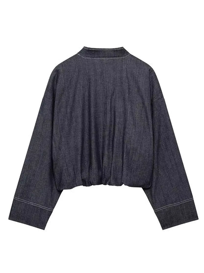 HH New Street Fashion Denim Bomber Jacket For Women Solid Color Stand Collar Zipper With Pocket Balloon Style Causal Coats