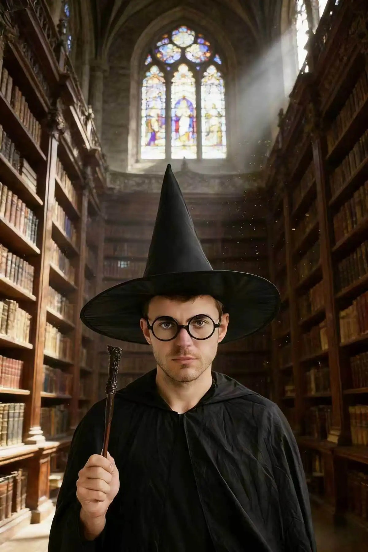 Halloween Wizard Costume Accessory Set Black Witch Hat Round Glasses Magic Wand Cosplay Props for Harry Potter Themed Party Fanc