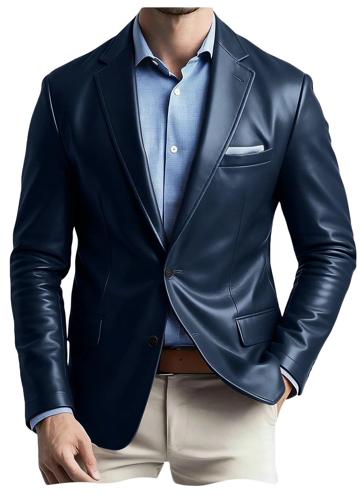 Men's Faux Leather Blazer Notch Lapel Flap Pockets Slim Fit Suit Jacket Coats For Casual Business Wedding Party