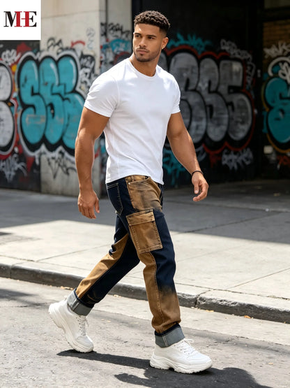 【HME】Men's jeans | Two-tone split gradient slim straight denim pants with dual side cargo pockets, stretch soft anti-fade contrast wash denim fabric, avant-garde street unique color block men's fashion denim pants.