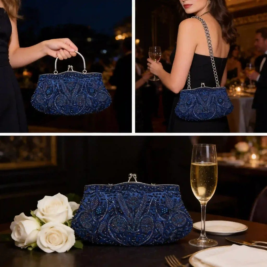 Evening Clutch Bag Handmade Beaded Floral Party Purse with Kiss Lock & Strap Glass Beads Polyester Blue Purple Grey