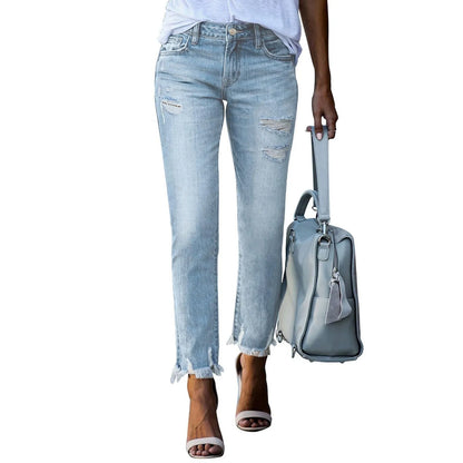 Spring Autumn Women's Denim Pants Ladies Slim Jeans Ripped Raw Edges Straight Leg Jeans Women Tight Leggings Soft Pencil Pants