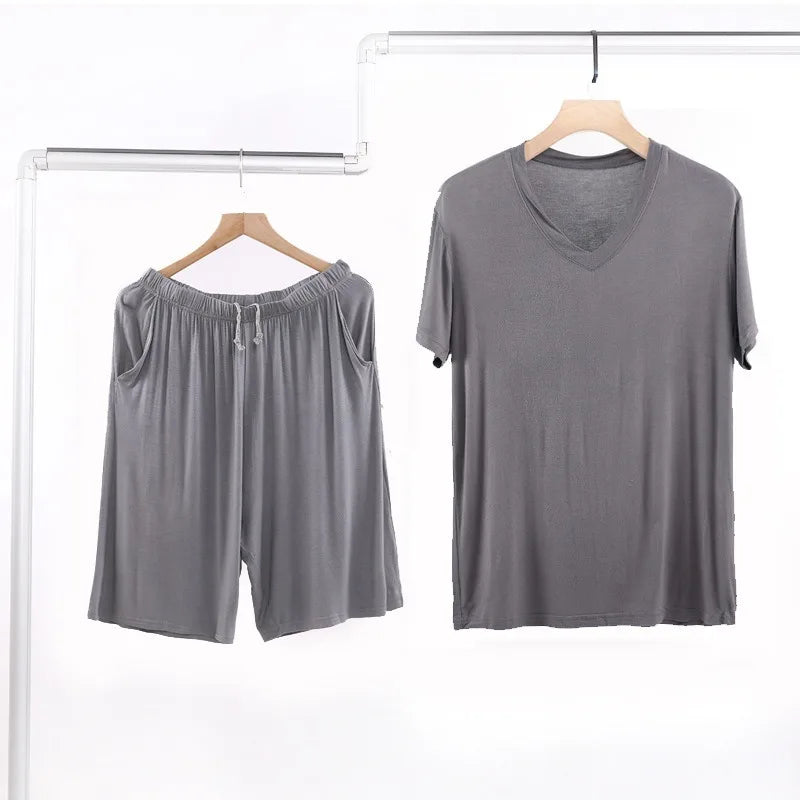 Summer Men's Modal Short Sleeve Shorts Set V-Neck Loose Fit Comfortable Sleepwear Home Clothes Mid-aged And Elderly Suitable