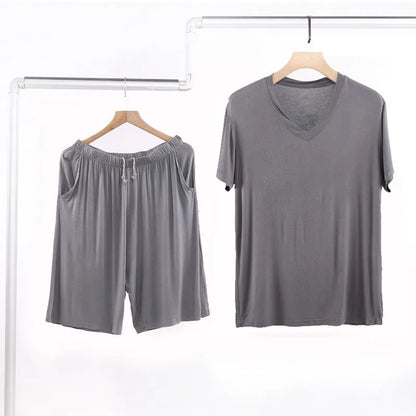 Summer Men's Modal Short Sleeve Shorts Set V-Neck Loose Fit Comfortable Sleepwear Home Clothes Mid-aged And Elderly Suitable