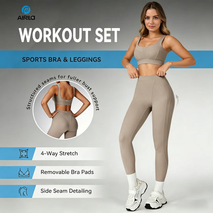 Airila 2 Pcs Yoga Set Workout Sports Bra & Leggings Pilates Gym High Waist Athleisure Butt Lifting Running Tummy Control
