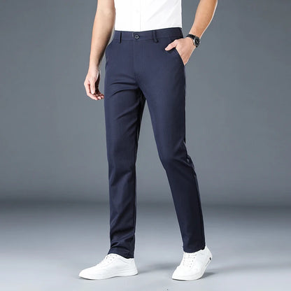 2025 New Men's Business Casual Straight Pants Micro Elastic Burgundy Khaki Black Classic Fashion Brand Four Seasons Trousers