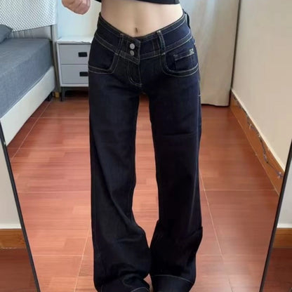 Womens Jeans New American Style Double Waist Button Bootcut Loose Fit Low Rise Straight Leg Pants Not Tight