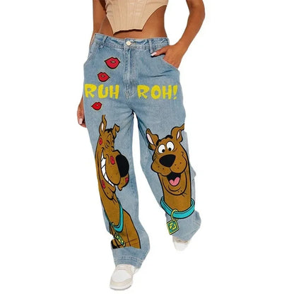Y2k American Retro Fashion Women High Waist Cartoon Printed Jeans High Street Design Slim Casual Straight Wide-Leg Jeans