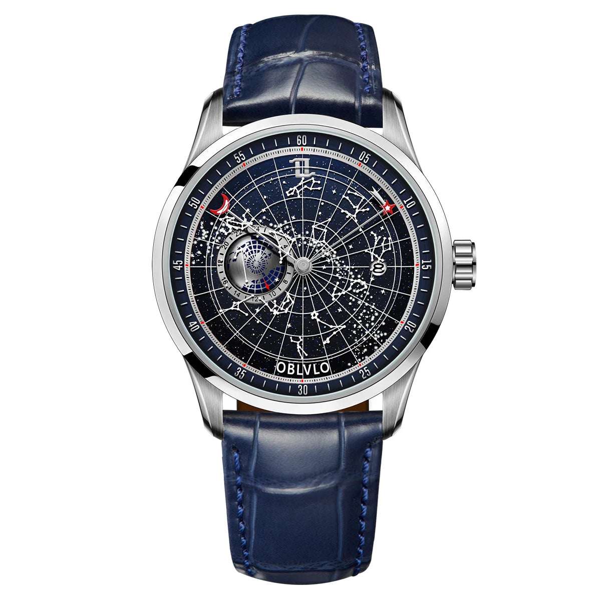 OBLVLO Simple Fashion Automatic Mechanical Watch for Men Luminous Earth Star Leather Strap Waterproof Casual Gift Clock GC