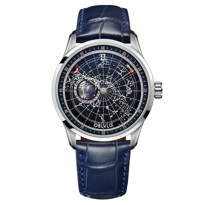 OBLVLO Simple Fashion Automatic Mechanical Watch for Men Luminous Earth Star Leather Strap Waterproof Casual Gift Clock GC