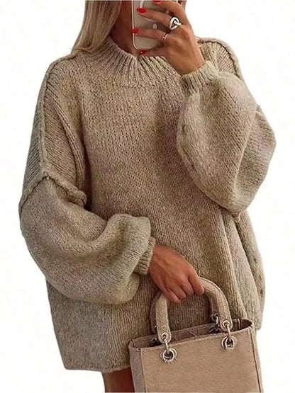 Women's Oversized Pullover Sweaters  Fall Winter Mock Neck Lantern Sleeve Crochet Casual Knitted Jumper Tops Solid Color Loose Blouse
