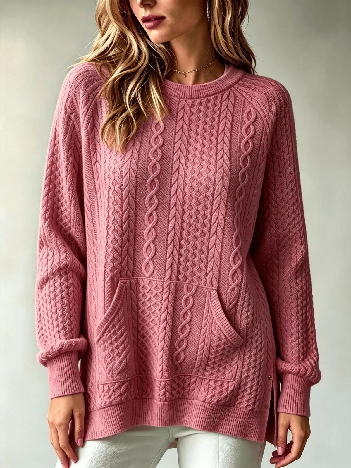 Women Cable Knit Sweater With Kangaroo Pocket Long Sleeve Crew Neck Loose Pullover Sweaters Casual Oversized Fall Winter Jumper For Ladies