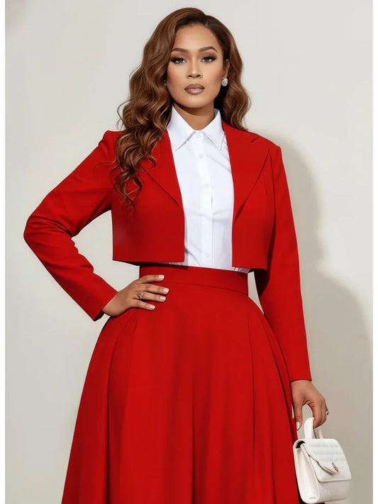 Freeacy 2026 New Women's Solid Red Cropped Blazer Notch Lapel Long Sleeves Cardigan Jacket Formal Suit Jacket Outerwears