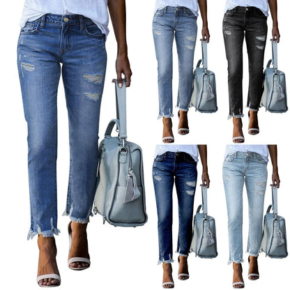 Spring Autumn Women's Denim Pants Ladies Slim Jeans Ripped Raw Edges Straight Leg Jeans Women Tight Leggings Soft Pencil Pants