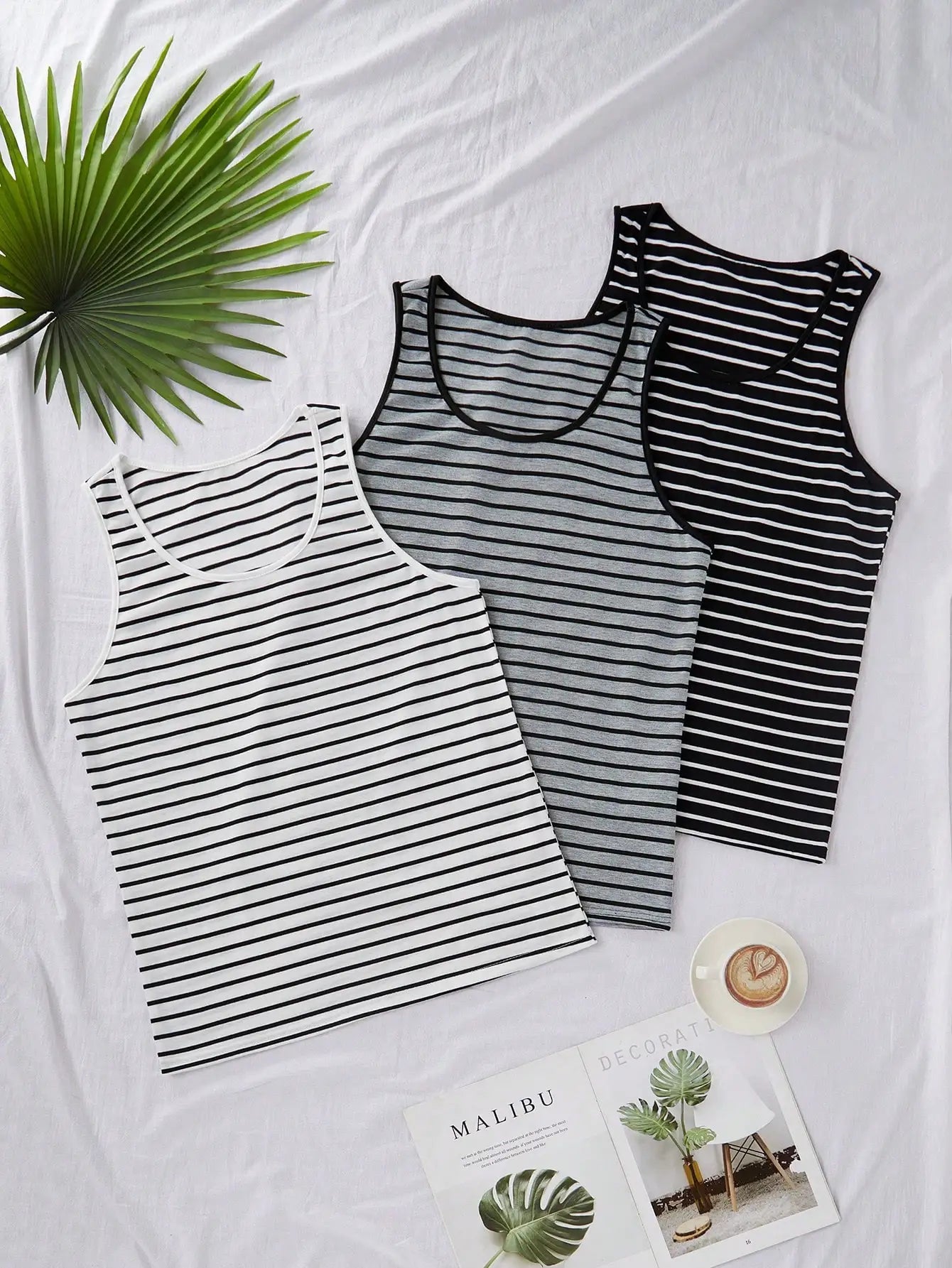 3pcs Men's Striped Sleeveless Tank Top Summer Casual Vest Set