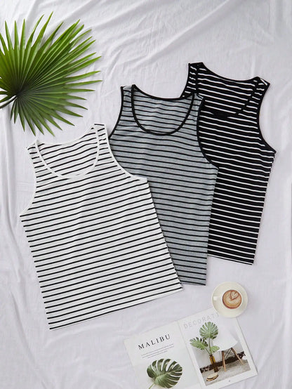 3pcs Men's Striped Sleeveless Tank Top Summer Casual Vest Set
