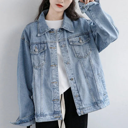 Vintage Women Jacket 2026 Autumn Winter Oversize Denim Jackets Washed Blue Jeans Coat Turn-down Collar Outwear Bomber Jacket