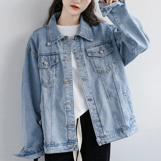 Vintage Women Jacket 2026 Autumn Winter Oversize Denim Jackets Washed Blue Jeans Coat Turn-down Collar Outwear Bomber Jacket