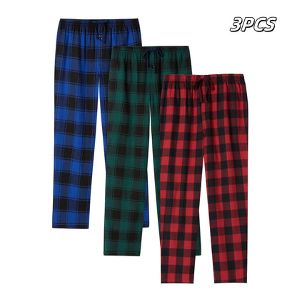 3pcs Men's Pajama Bottoms Autumn/Winter Flannel Plaid Loose Trousers Warm Homewear Pants Male Soft with Pockets Sleepwear