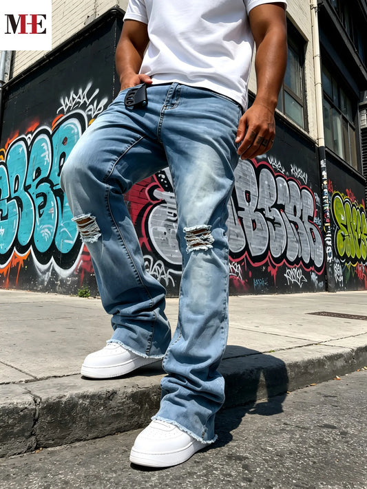 HME Men's Light Blue Denim Pants, Distressed Flared Jeans with Knee Rips & Frayed Hem for Streetwear